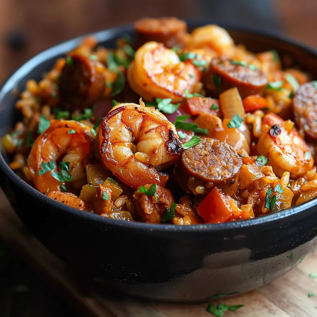 A bowl of shrimp and sausage with rice.