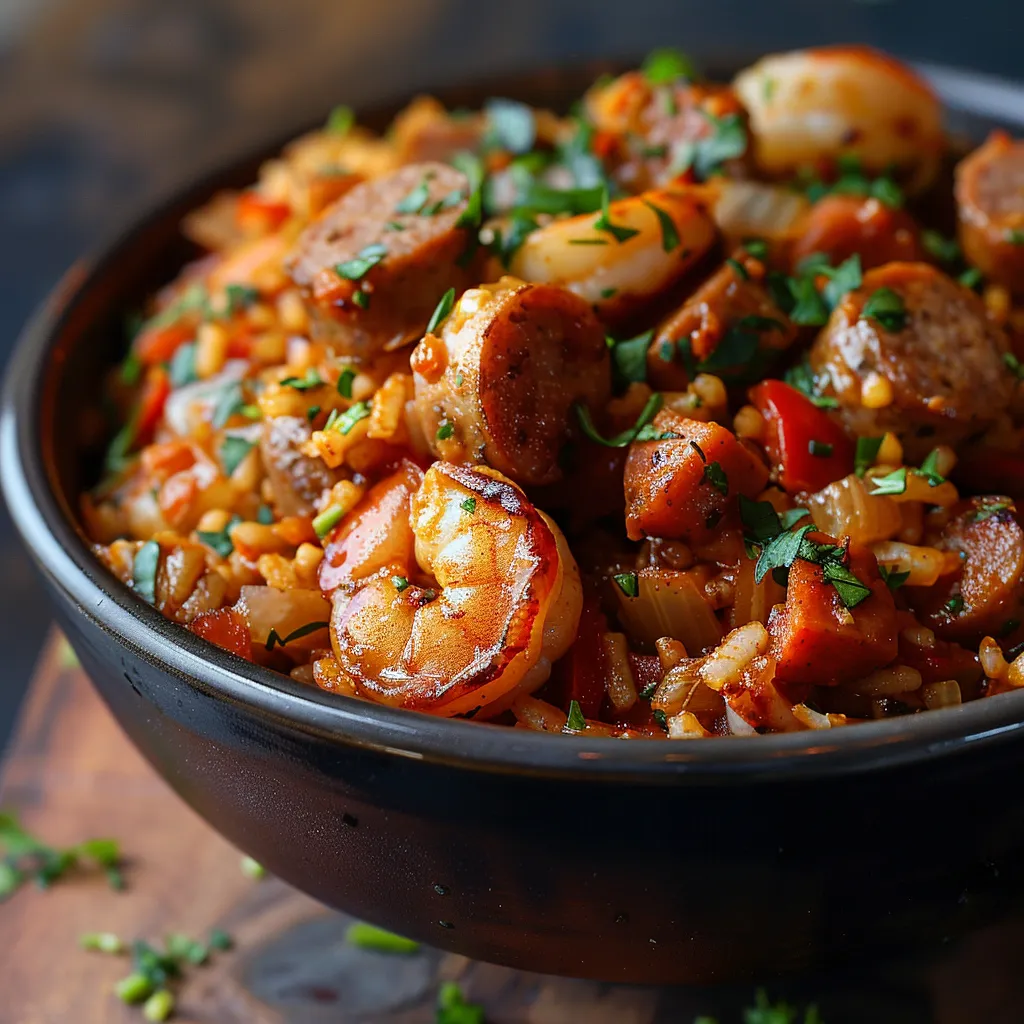 A bowl of rice with shrimp and sausage.