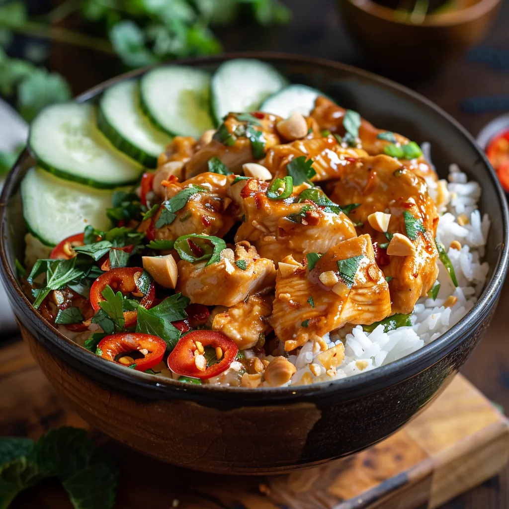 A bowl of food with rice, meat, and vegetables.