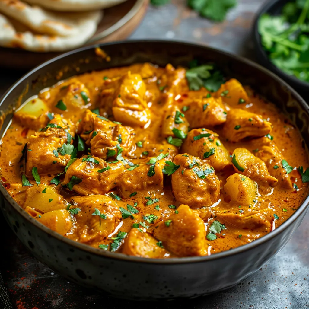 A dish of creamy chicken curry garnished with cilantro.