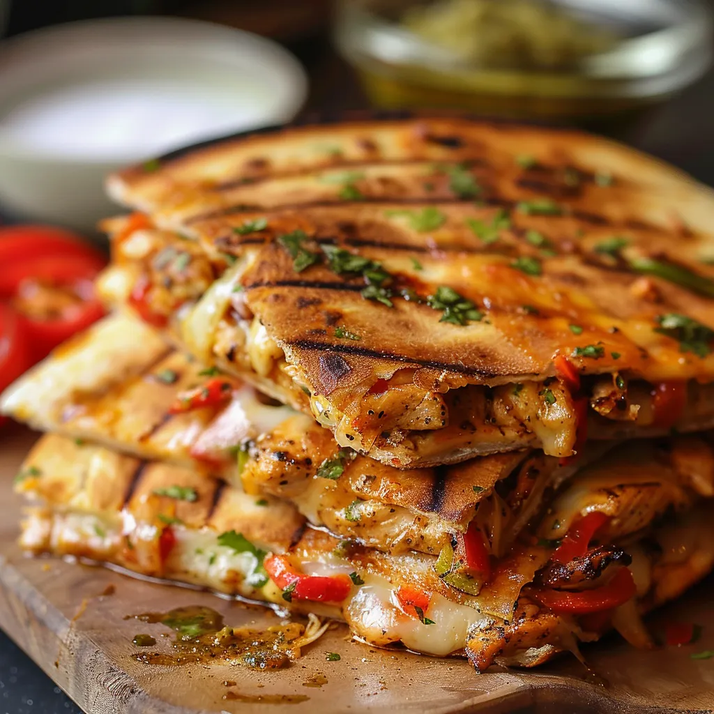 Stacked quesadillas on a wooden surface.