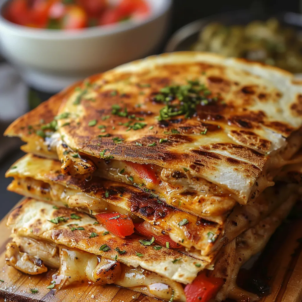 A stack of quesadillas with tomatoes and peppers.