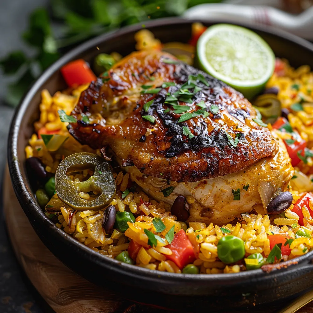 A colorful dish of chicken, rice, and veggies with a vibrant presentation.