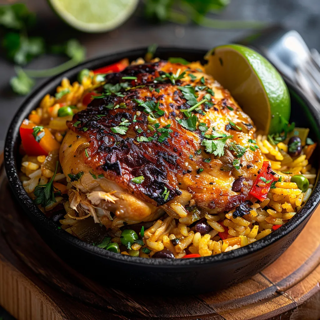 A plate of food with rice, chicken, and lime.
