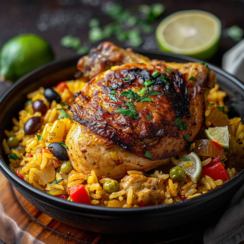 A plate of food with a chicken breast and rice.