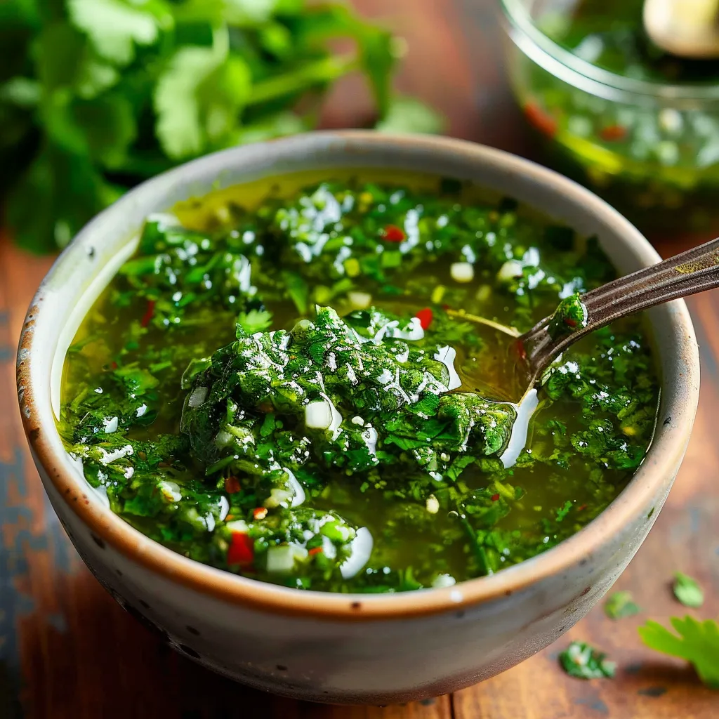 A bowl of soup with a spoon in it.