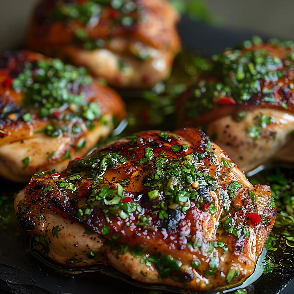 Grilled chicken topped with fresh herb sauce.