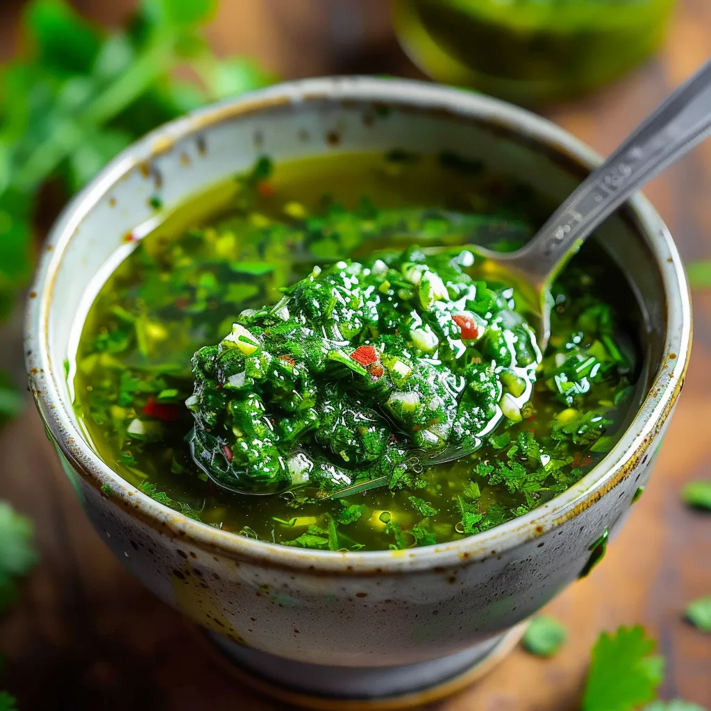 A bowl of soup with a spoon in it.