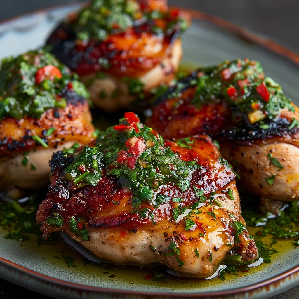 Chicken with green sauce on a plate.