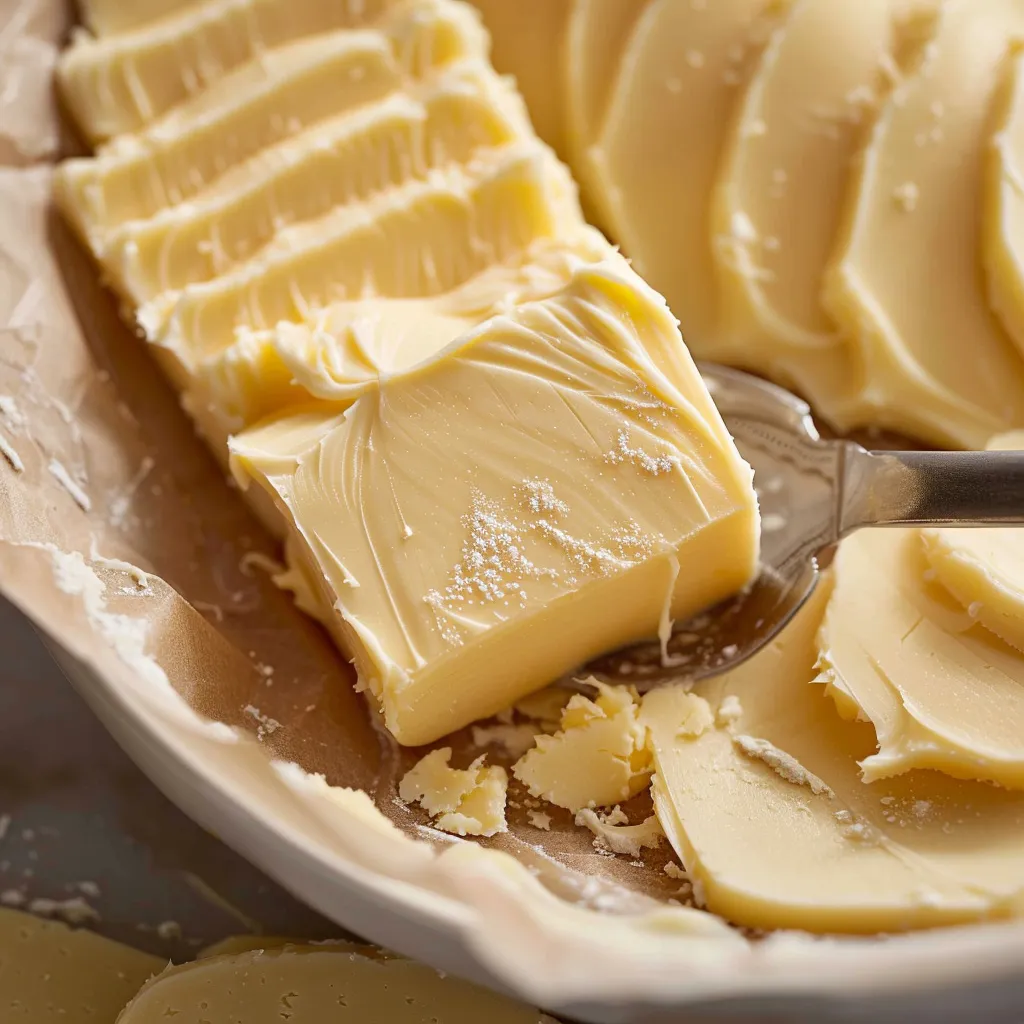 A spoon is scooping butter from a bowl.