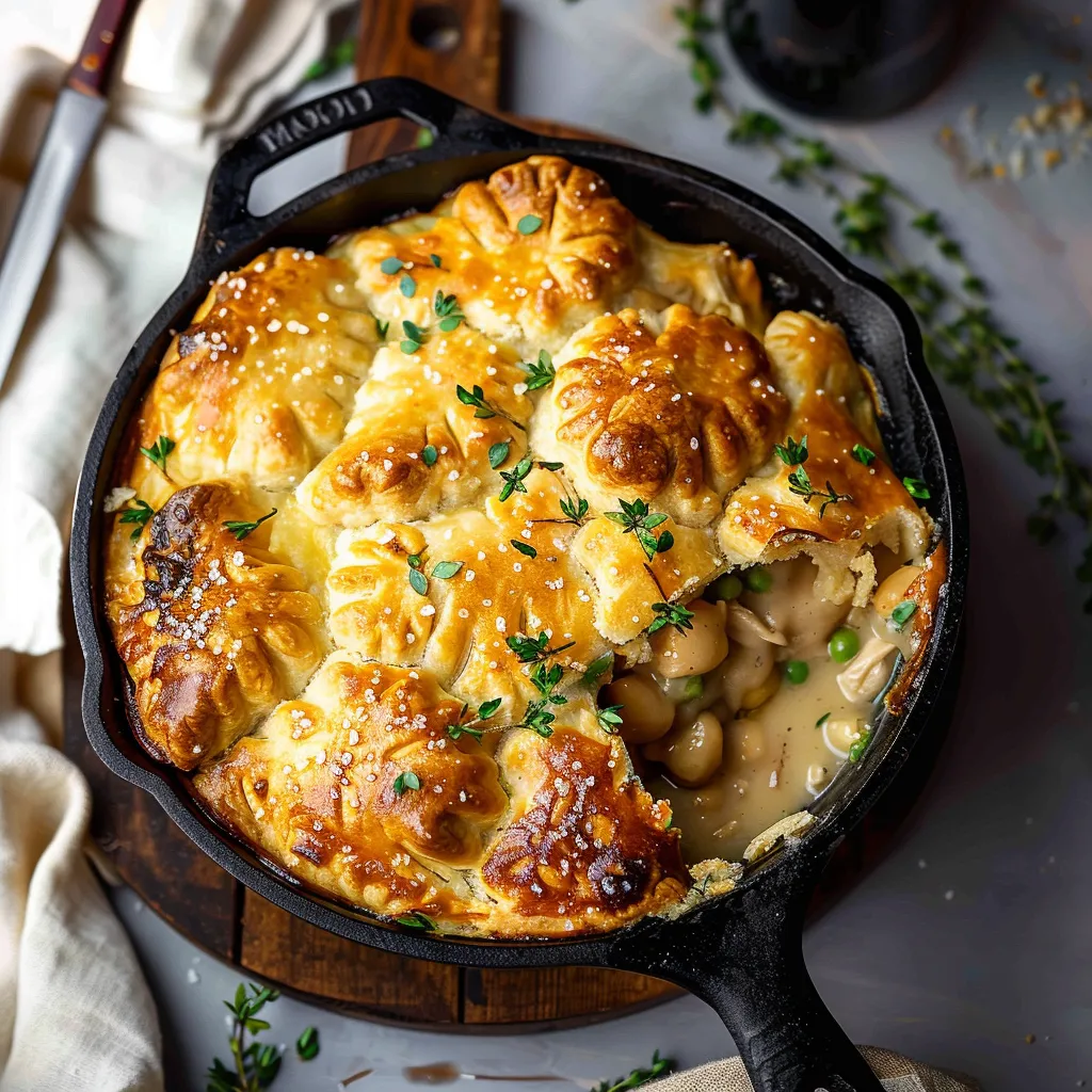 A pie in a pan with a wooden handle.