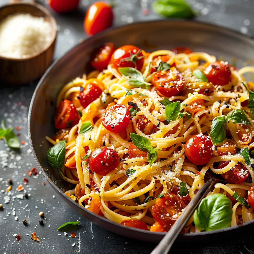 A bowl of pasta with fresh tomatoes and basil.