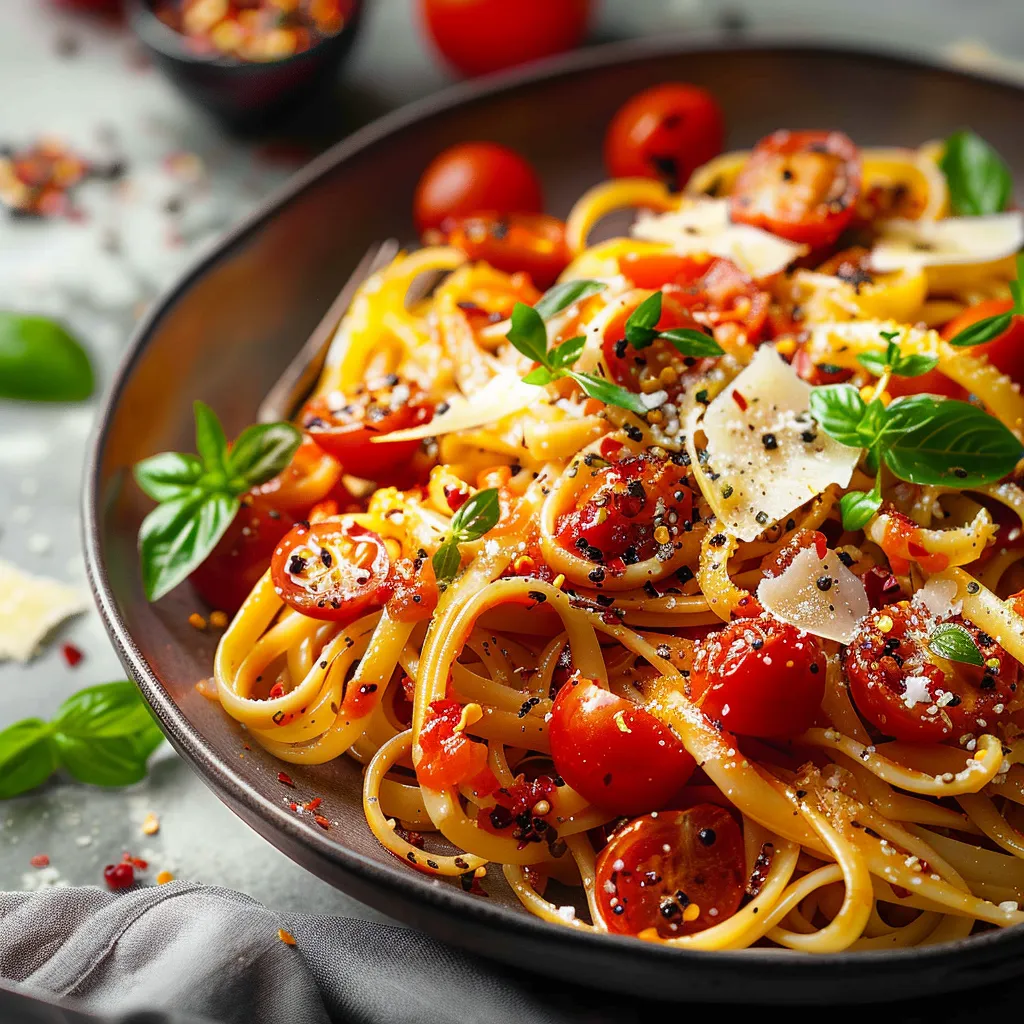 A bowl of pasta with tomatoes and basil.