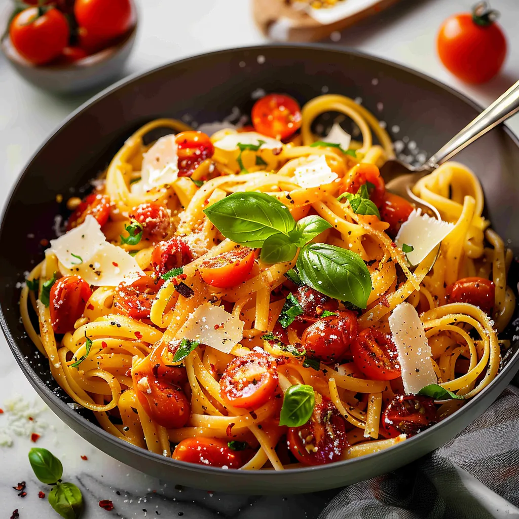 A bowl of pasta with tomatoes and basil.