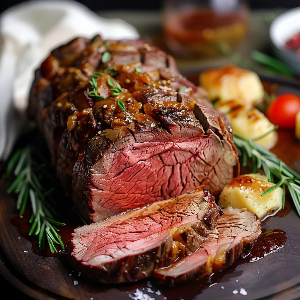 A juicy cooked beef roast on a plate.