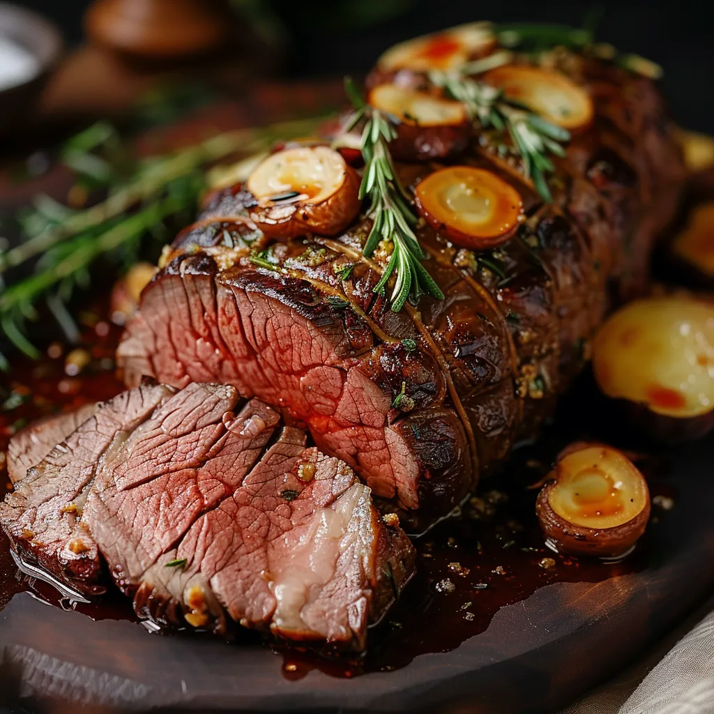 A roast beef dinner with potatoes and herbs.