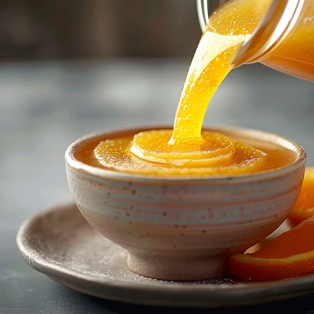A glass of orange juice being poured into a bowl.