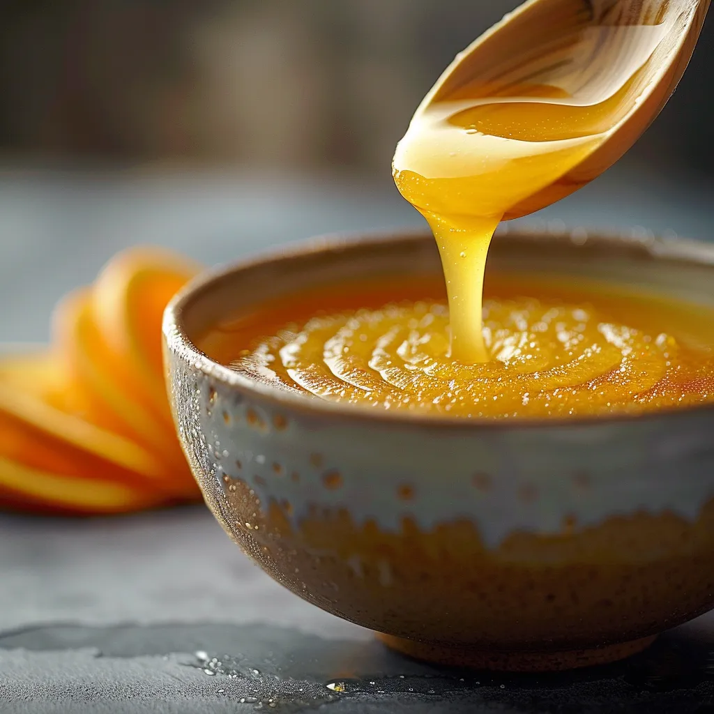 A spoon is pouring honey into a bowl.