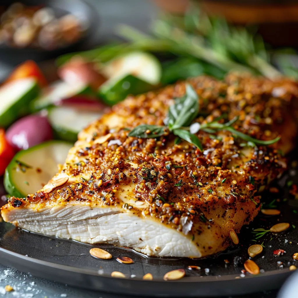 Golden baked chicken with veggies on the side.