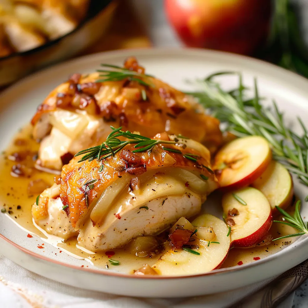 A dish showcasing chicken and sliced apples.