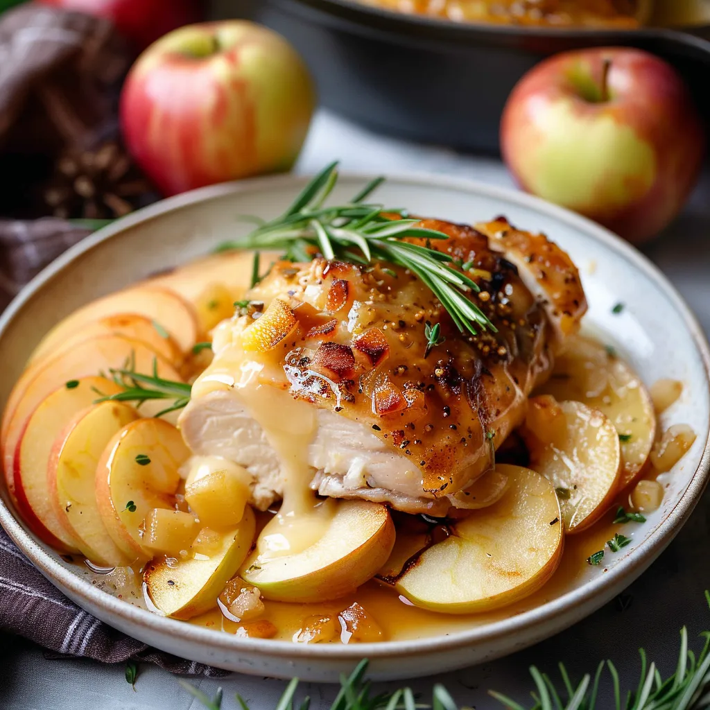 A plate of food with chicken and apples.