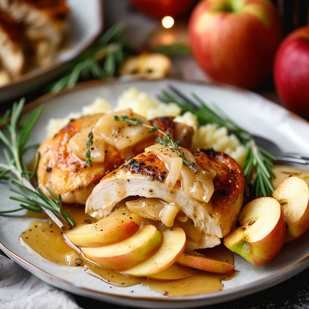 A plate of food with chicken, apples, and rice.