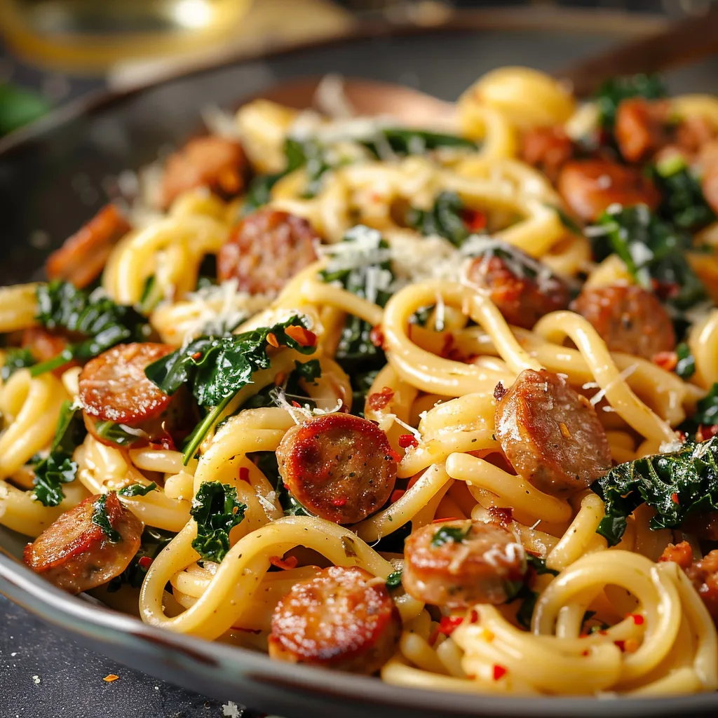 A pasta bowl with sausage and kale.
