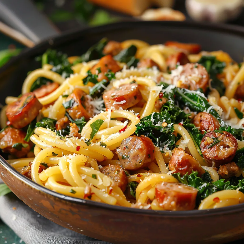 A bowl of pasta with sausage and spinach.