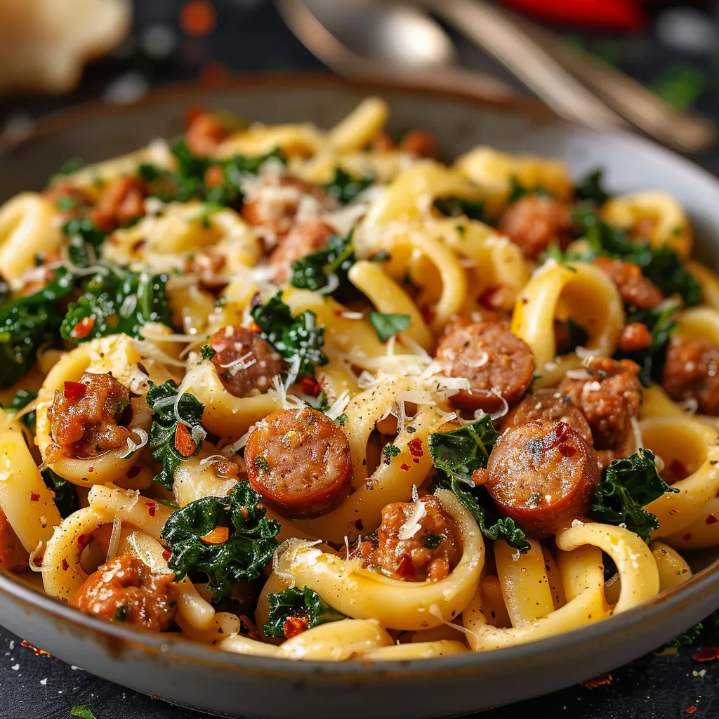 A bowl of pasta with sausage and spinach.