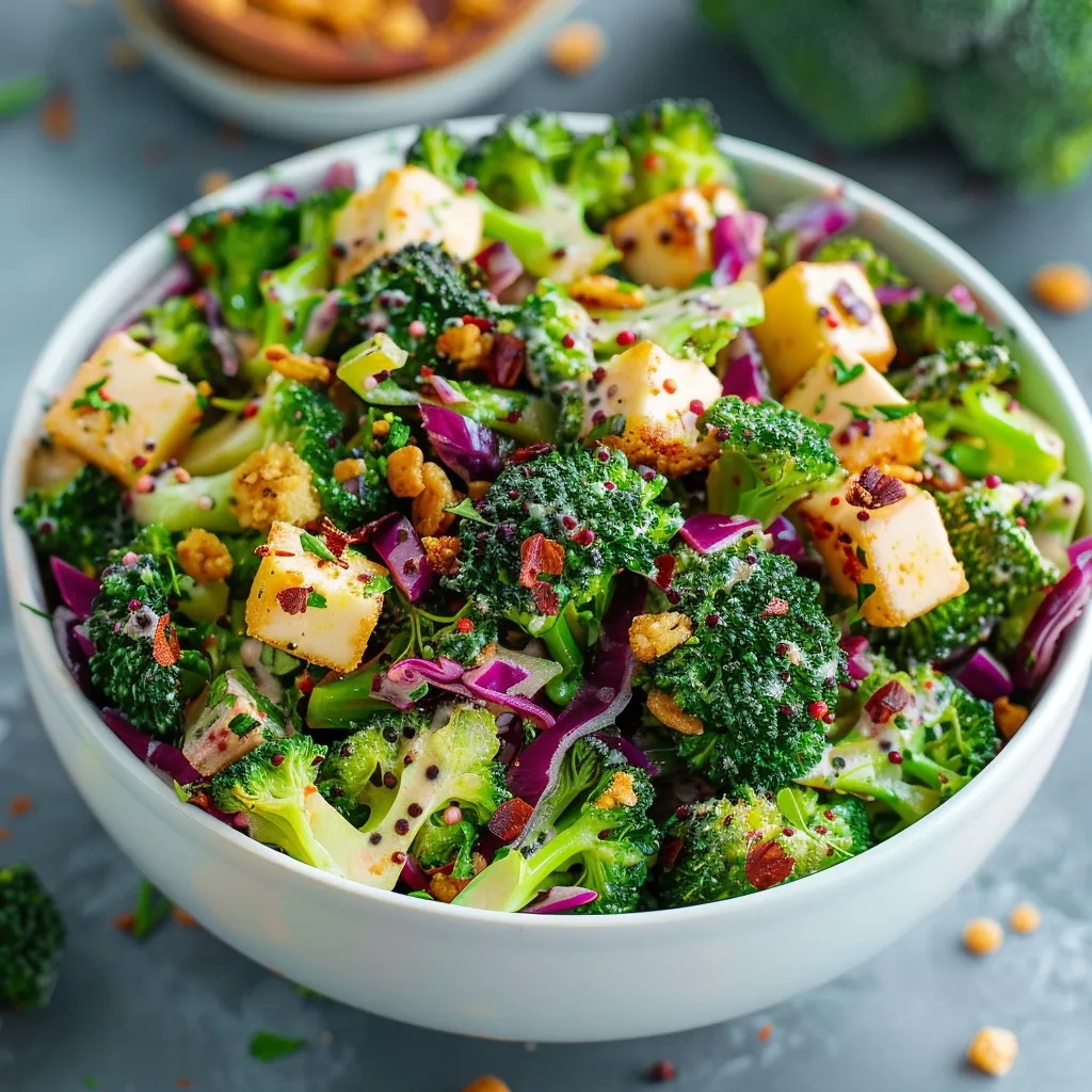 A bowl of broccoli salad.