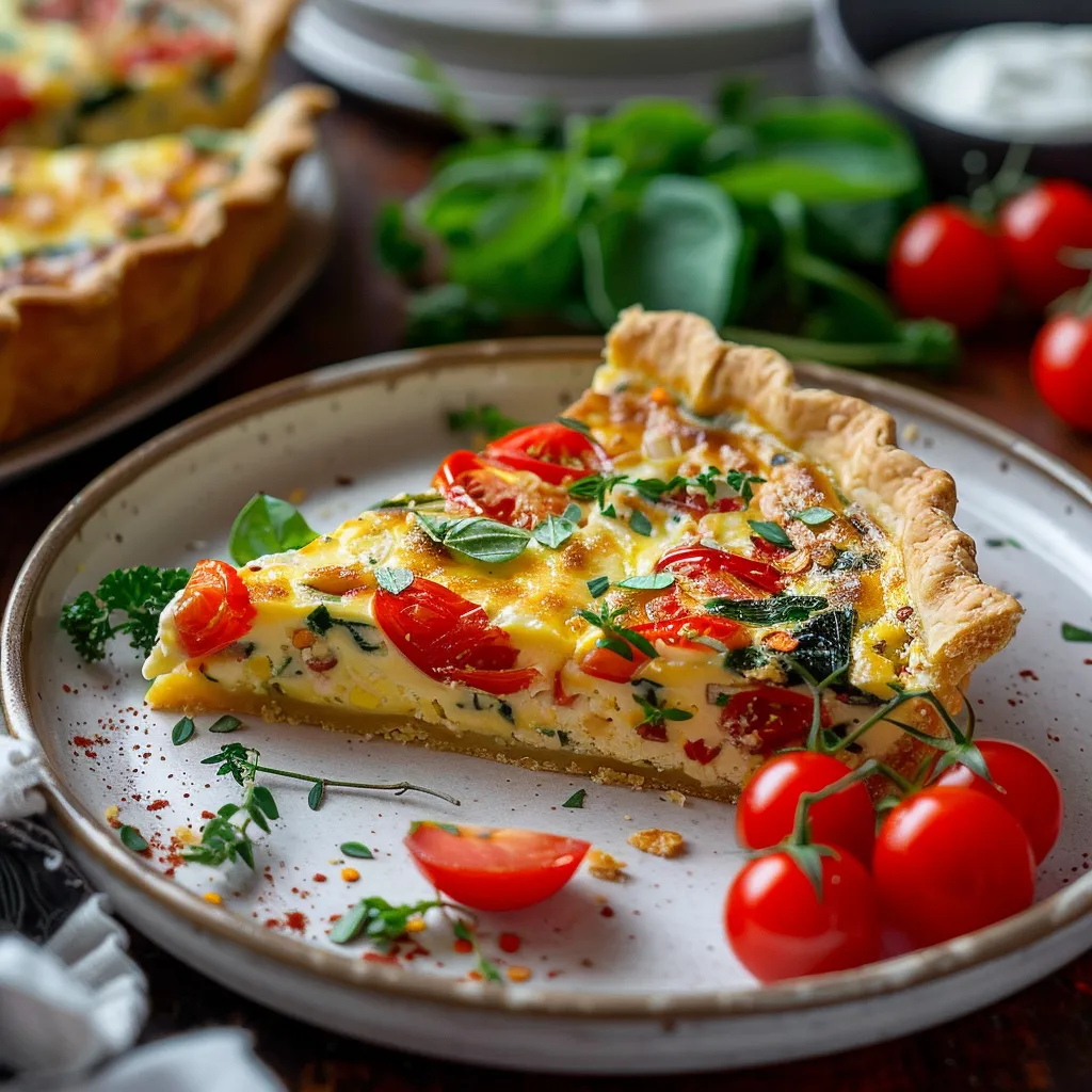 Tomato and spinach pizza slice served on a plate.
