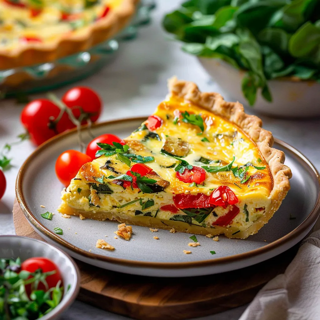 A slice of quiche with tomatoes and spinach.