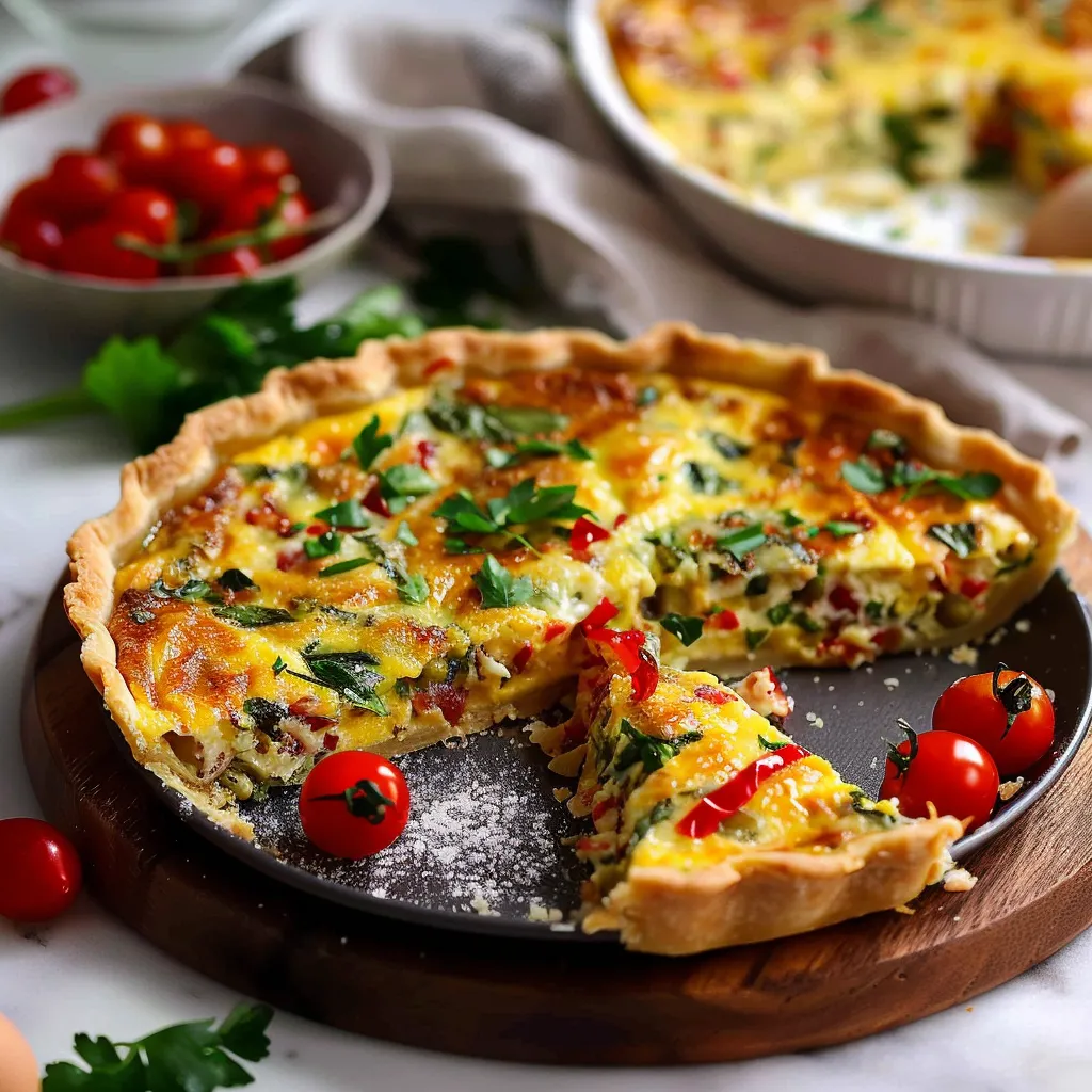 A slice of quiche with tomatoes and spinach.