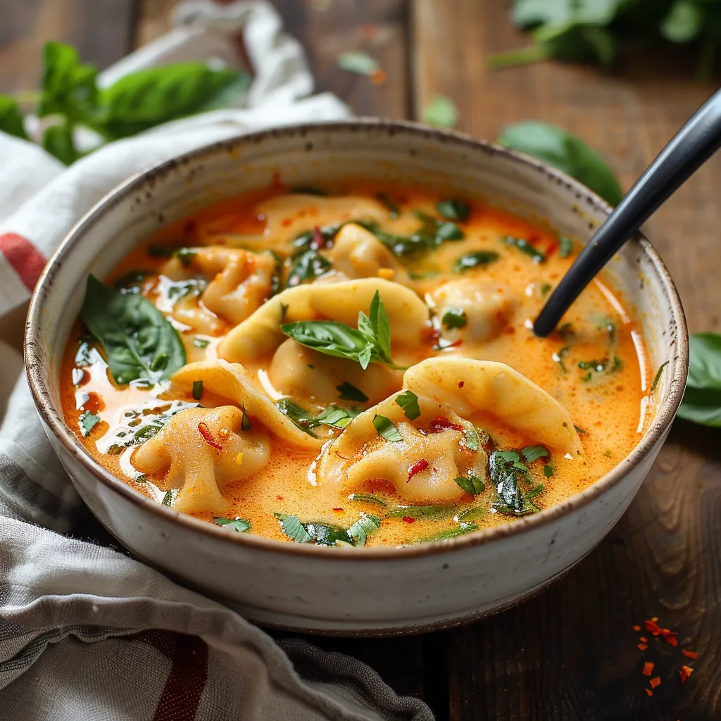 A steaming bowl of coconut curry and dumplings.
