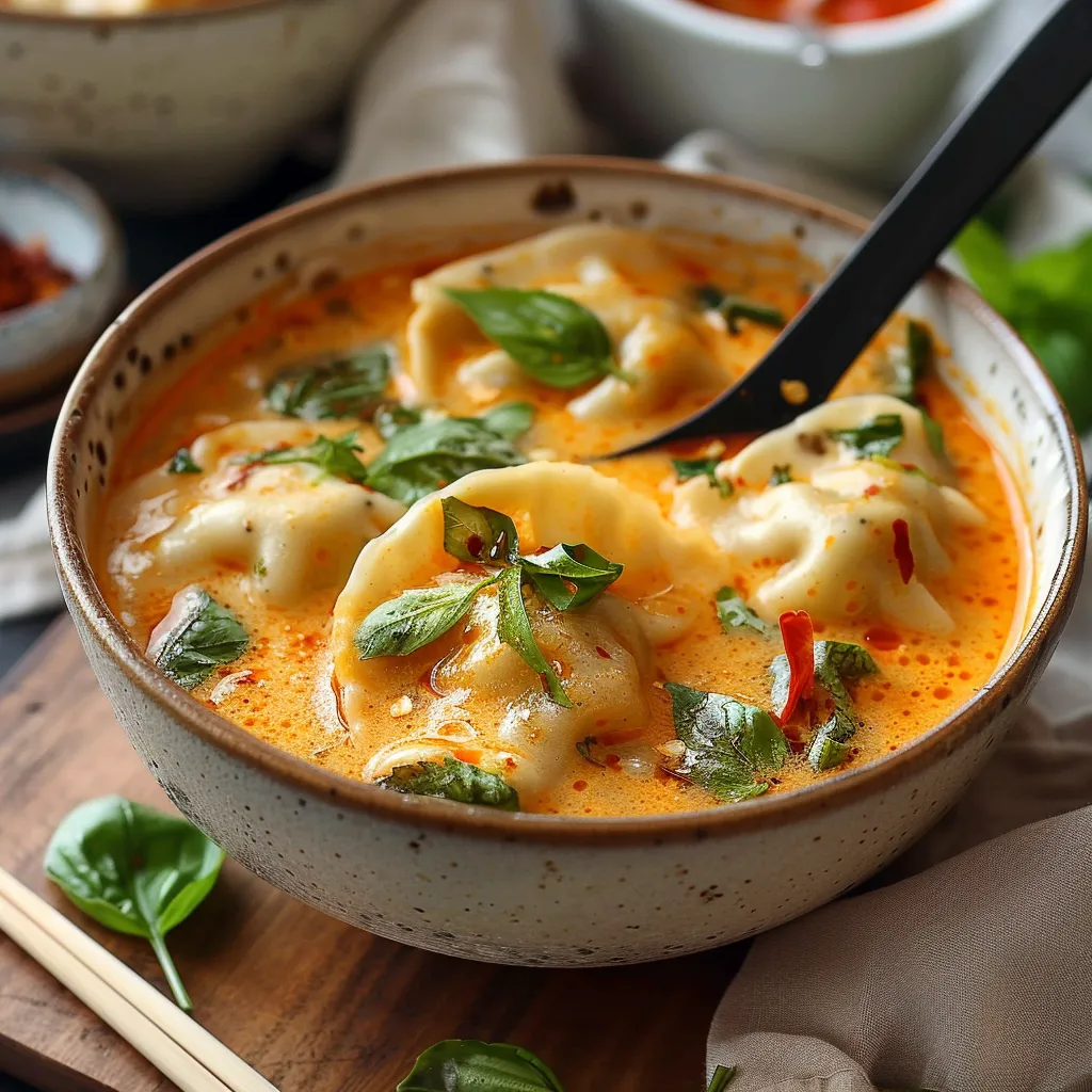 A bowl of soup with a spoon in it.
