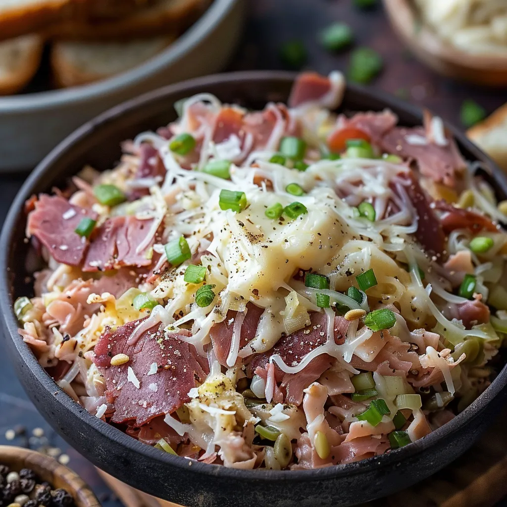 A hearty bowl topped with meat, cheese, and veggies.