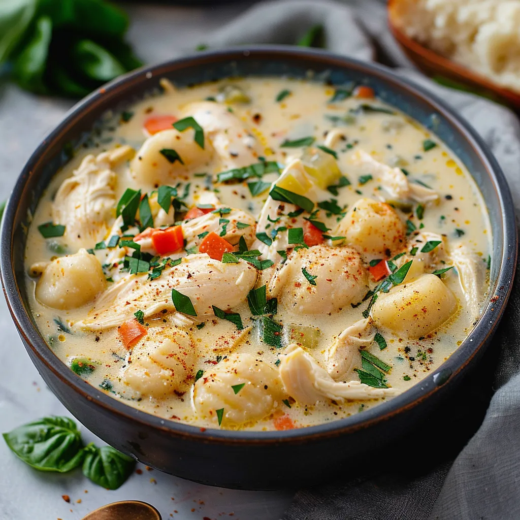 A bowl of soup with chicken and vegetables.