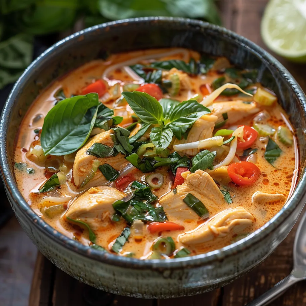 A warm bowl of colorful soup garnished with herbs.
