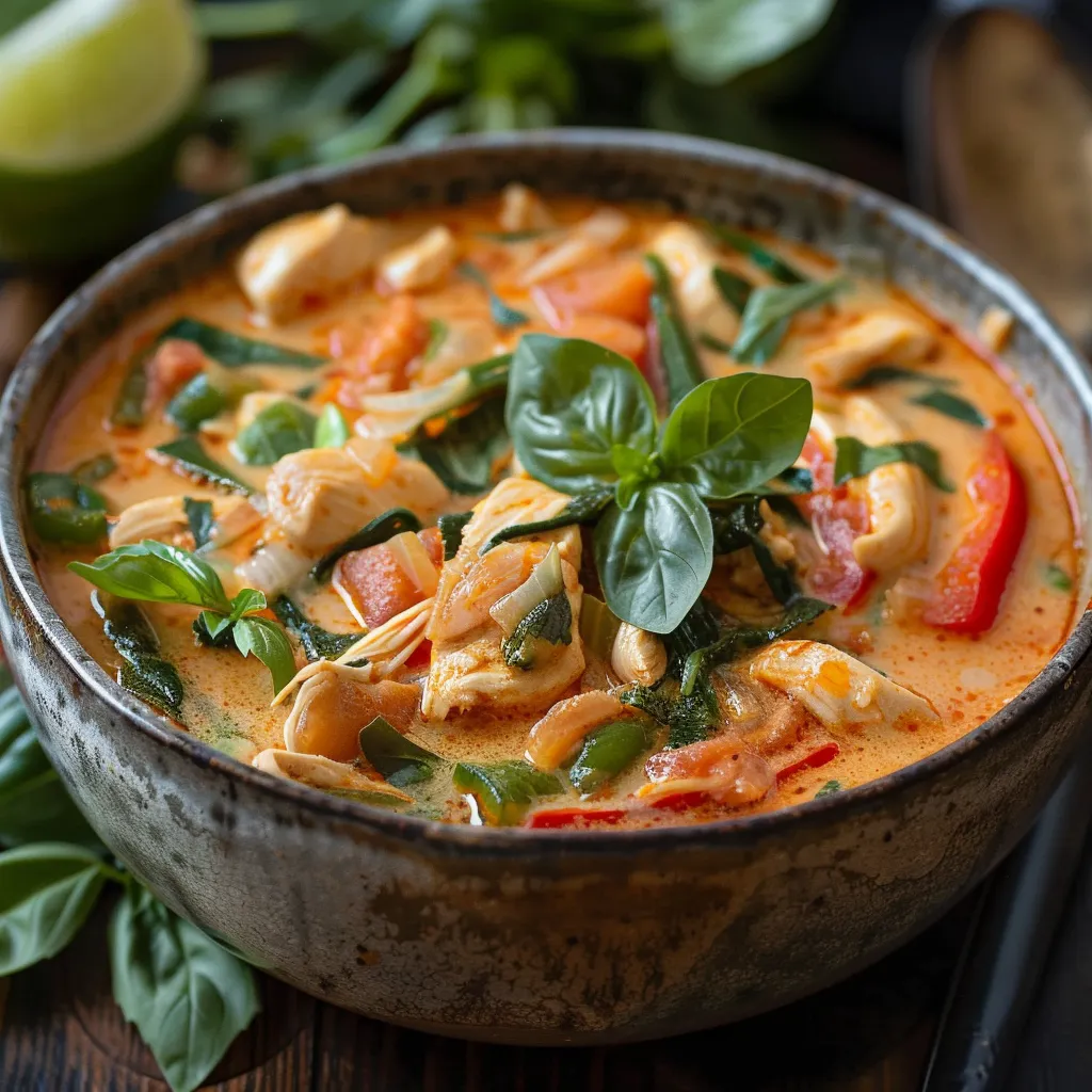A bowl of soup with chicken, spinach and tomatoes.