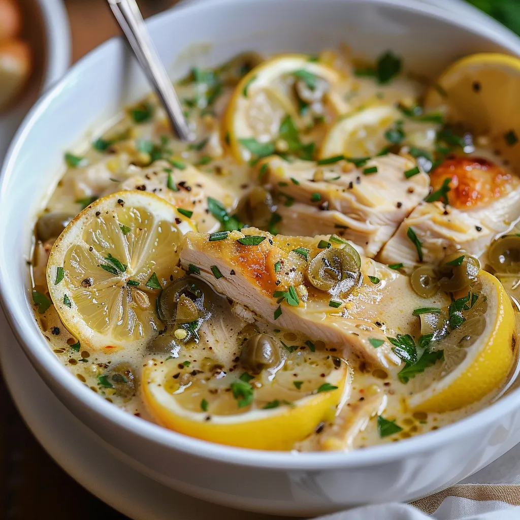 Soup with lemon slices on top in a white bowl.