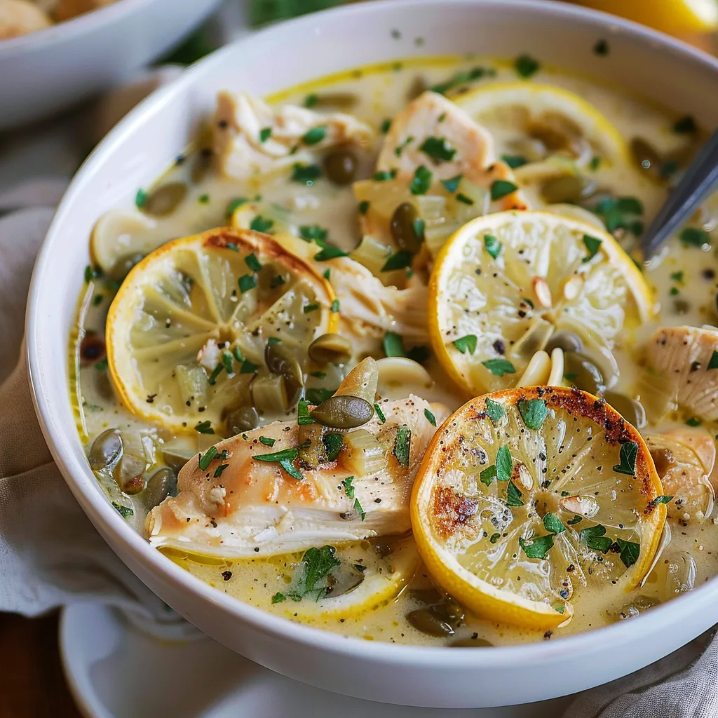 A bowl of soup with lemon slices.