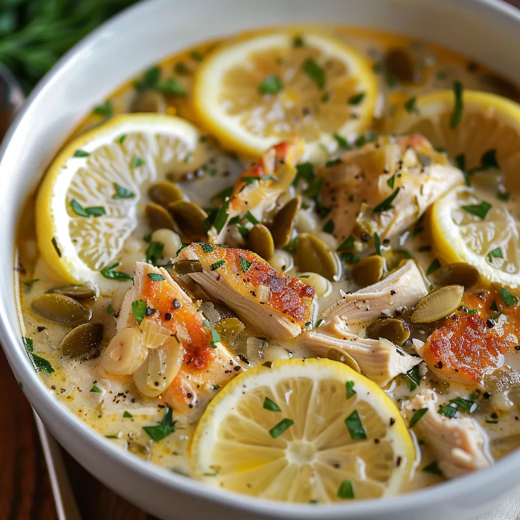 A bowl of soup with lemon slices and chicken.