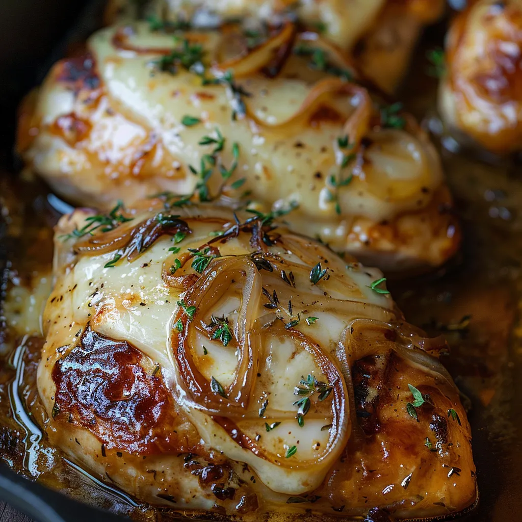 Chicken topped with onions and cheese.