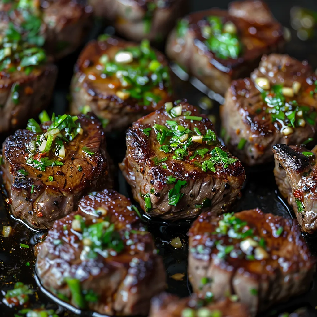 Herb-topped steak bites on a plate.