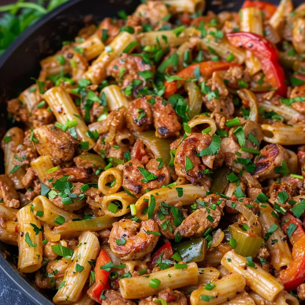 A hearty pasta plate with fresh veggies and meats.