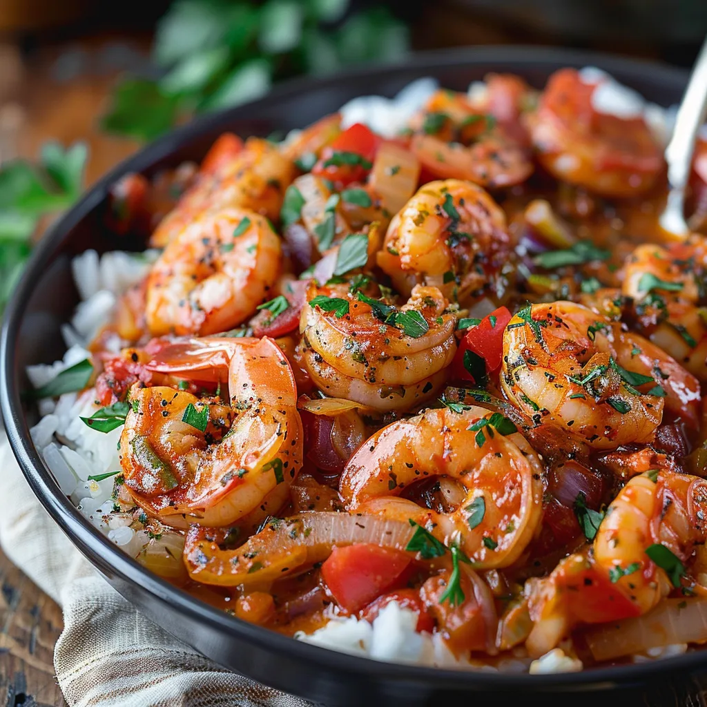 A bowl filled with saucy shrimp and vegetables.