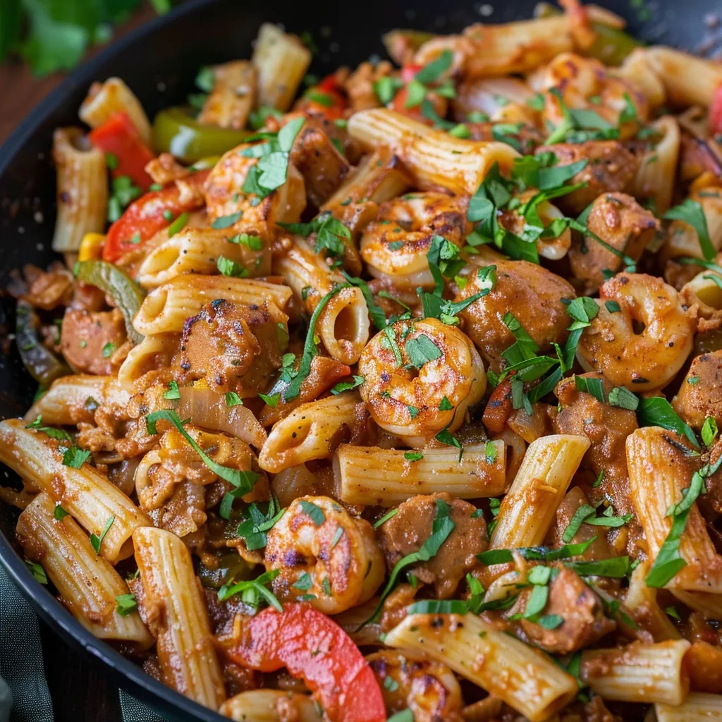 A bowl of pasta with meat and vegetables.