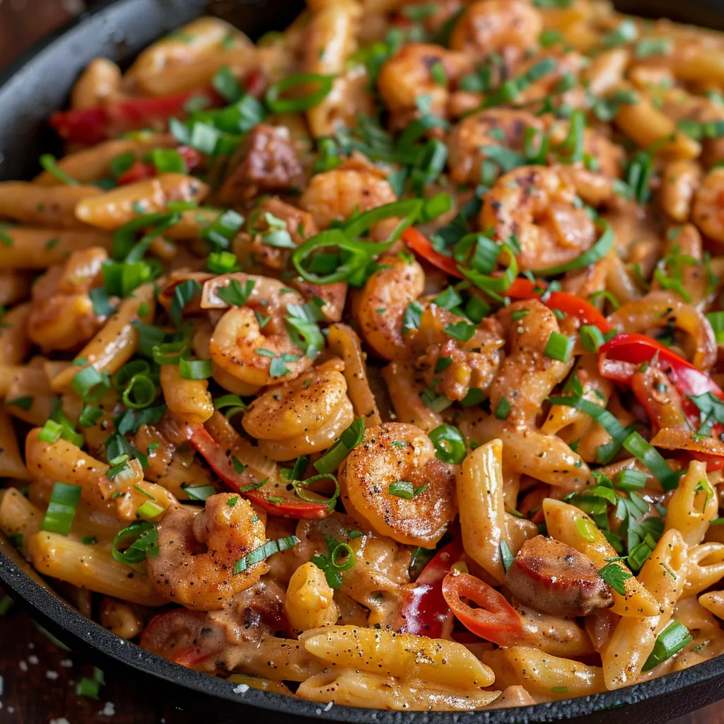A pan of shrimp and pasta.