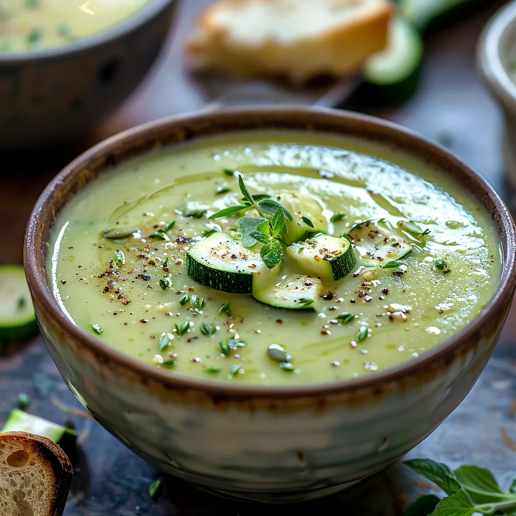 Bowl of soup topped with cucumber and crusty bread on the side.
