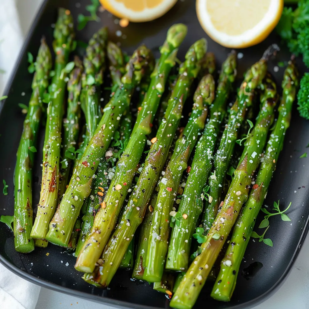 A plate of asparagus with lemon wedges on top.